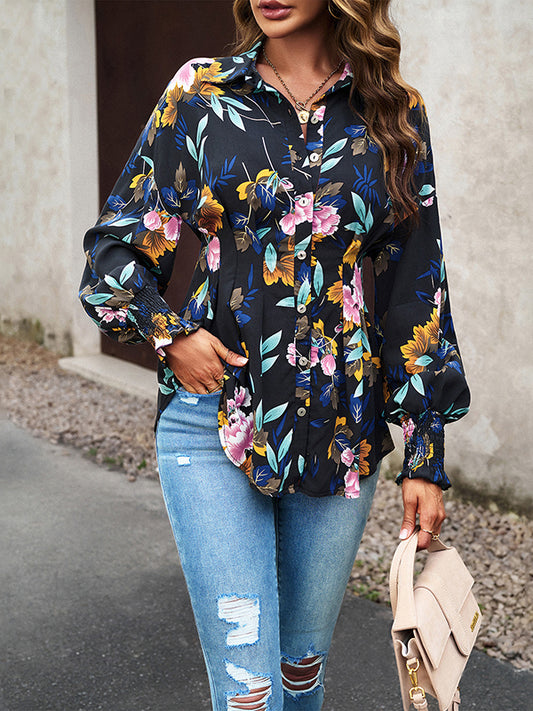 Bishop Sleeve Long Sleeves Buttoned Elasticity Flower Print Pleated Lapel Blouses&Shirts Tops