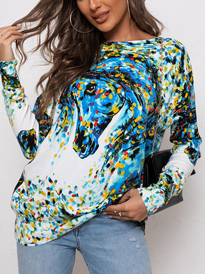 Long Sleeves Loose Printed Round-Neck Knitwear Pullovers Sweater Tops