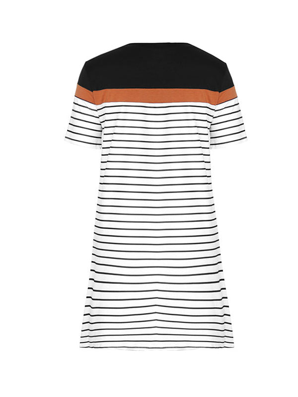 Loose Short Sleeves Contrast Color Striped Round-Neck Mini Dresses