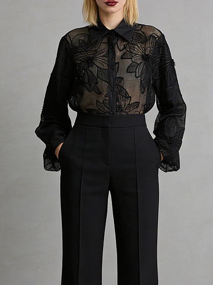 Long Sleeves Buttoned Embroidered Solid Color Lapel Blouses&Shirts Tops