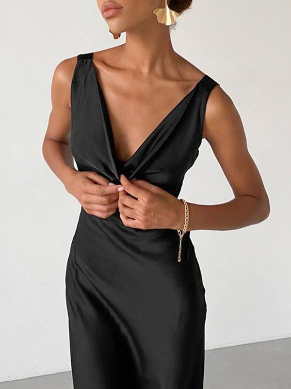 Bodycon High Waisted Solid Color V-Neck Maxi Dresses