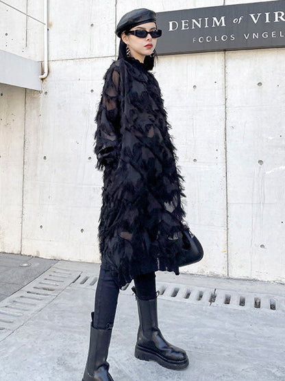 Irregularity Long Sleeves Asymmetric Mesh Pockets See-Through Solid Color Split-Joint Tasseled Stand Collar Midi Dresses
