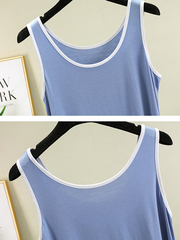 Home Wear Loose Sleeveless Contrast Color Round-Neck Vest&Shorts Pajamas Set
