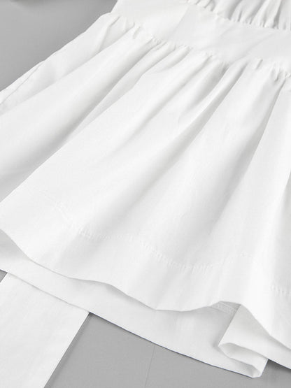 Elasticated Waist High Waisted Pleated Solid Color Split-Joint Tied Waist Round-Neck Blouses&Shirts Tops
