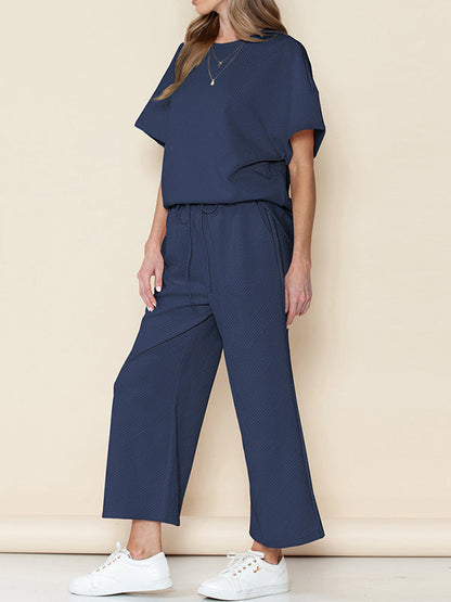 Loose Short Sleeves Solid Color Round-Neck T-Shirt Top + Drawstring Elasticity Pockets Pants Botttom Two Pieces Set