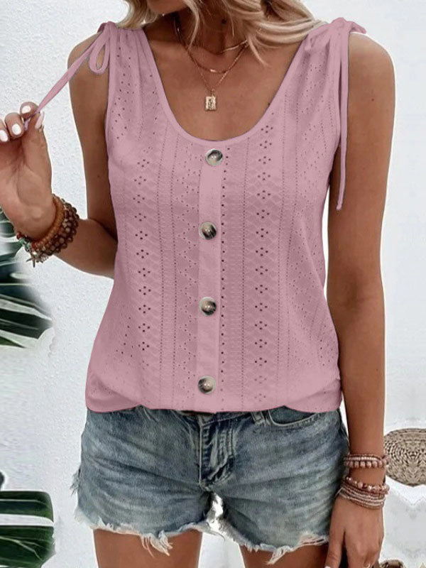 Loose Plus Size Buttoned Hollow Pleated Split-Joint Tied U-neck Vest Top