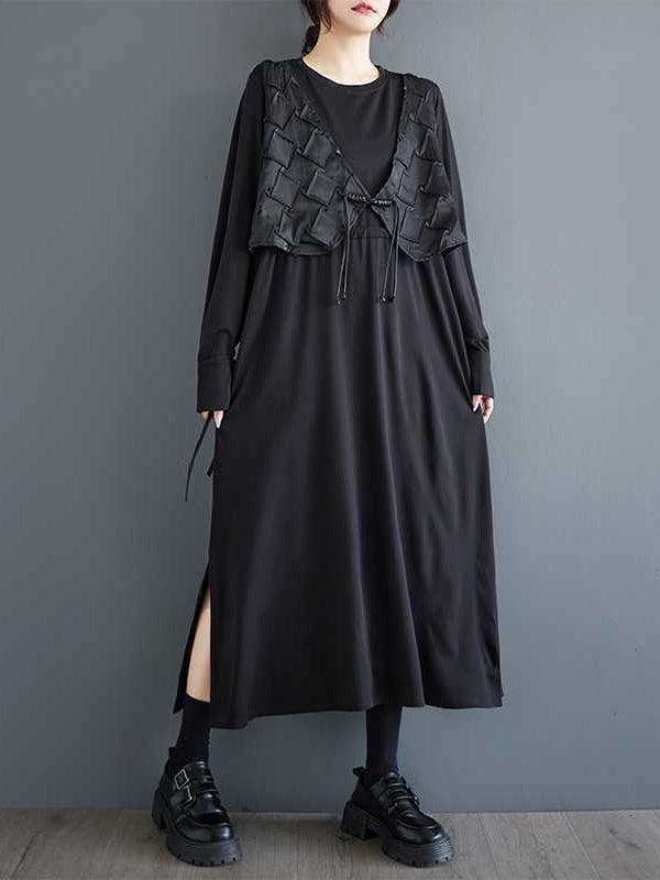 A-Line False Two Drawstring Solid Color Split-Joint Split-Side Round-Neck Midi Dresses