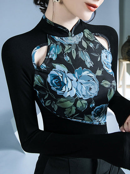 Long Sleeves Skinny Buttoned Flower Print Hollow Split-Joint Round-Neck T-Shirts Tops