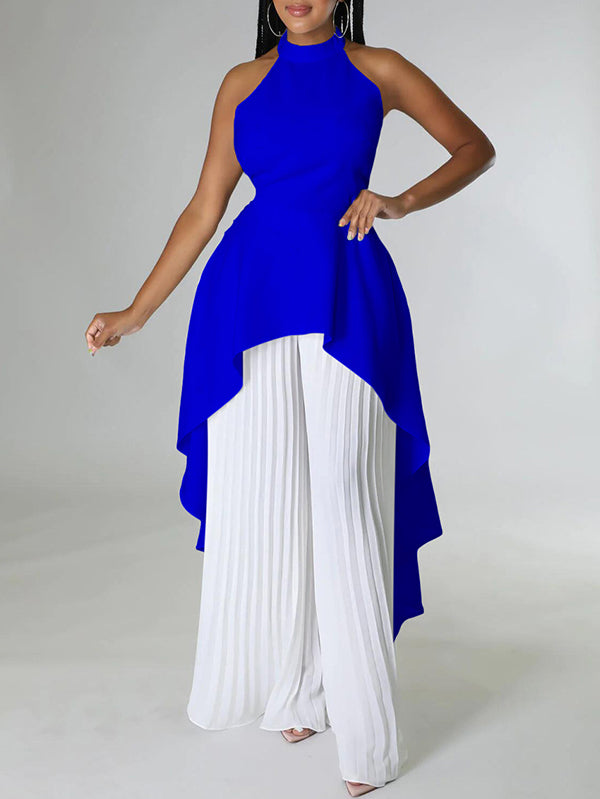 Loose Backless Lacy Solid Color Halter-Neck Vest Top + High-Low Pants Bottom Two Pieces Set