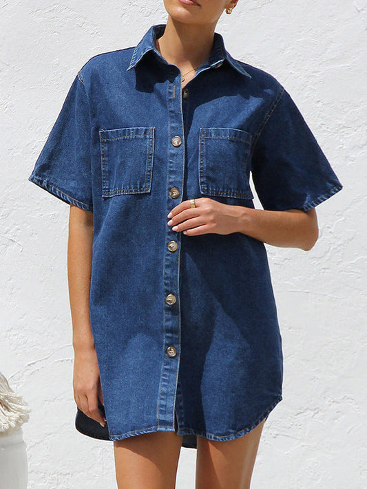 Loose Short Sleeves Split-Joint Lapel Mini Dresses Shirt Dress