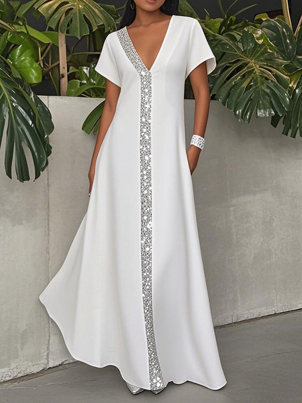 A-Line Loose Pockets Shiny Solid Color V-Neck Maxi Dresses