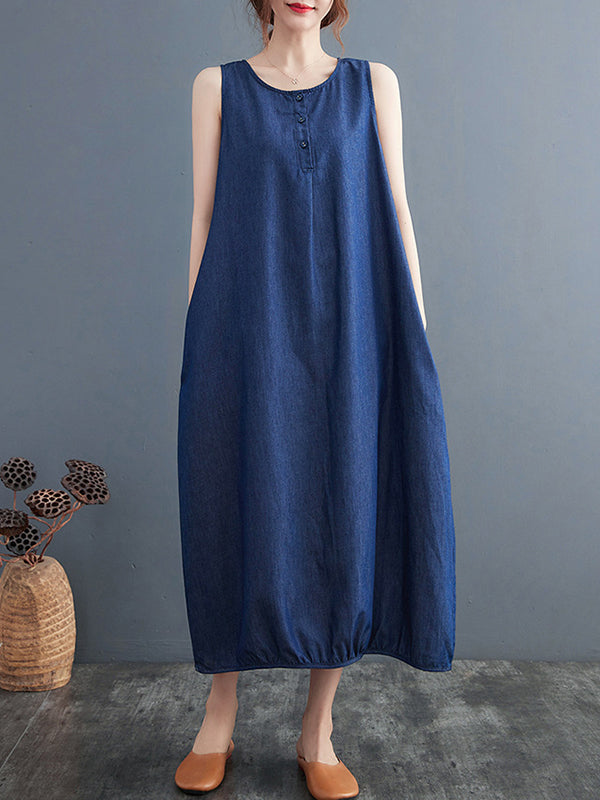 A-Line Loose Buttoned Pleated Solid Color Round-Neck Midi Dresses