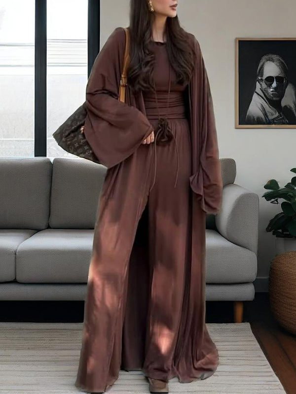 Loose Long Sleeves Cardigan Coat + Round-Neck T-Shirts + Drawstring Elasticity Pants Three Pieces Set