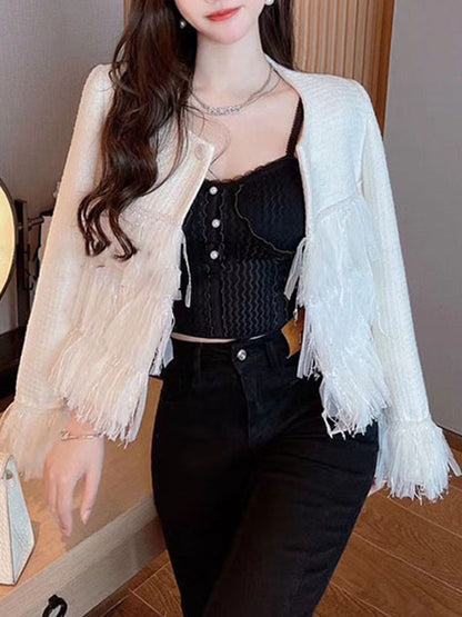 Long Sleeves Loose Buttoned Split-Joint Tasseled Round-Neck Outerwear Woolen Coat