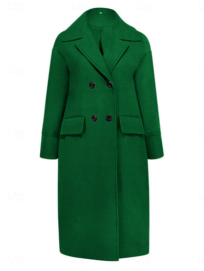 Long Sleeves Loose Buttoned Pockets Solid Color Split-Joint Stand Collar Woolen Coat