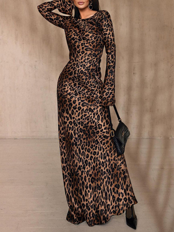 Bodycon High Waisted Leopard Zipper Round-Neck Maxi Dresses