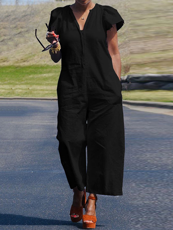 Loose Ruffle Sleeves Fringed Pleated Pockets Solid Color V-Neck Jumpsuits