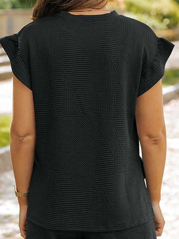 Loose Ruffle Sleeves Round-Neck Drawstring Pockets Solid Color Split-Joint Split-Side Two Pieces Set