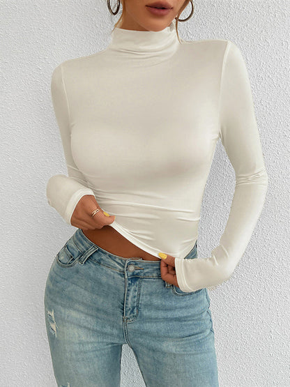 Long Sleeves Skinny Solid Color High Neck T-Shirts Tops