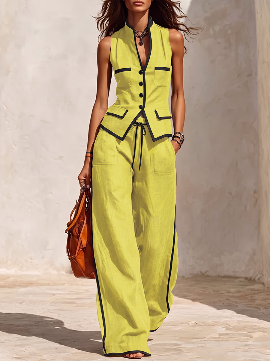 High Waisted Wide Leg Contrast Color Drawstring Pockets Pants Trousers