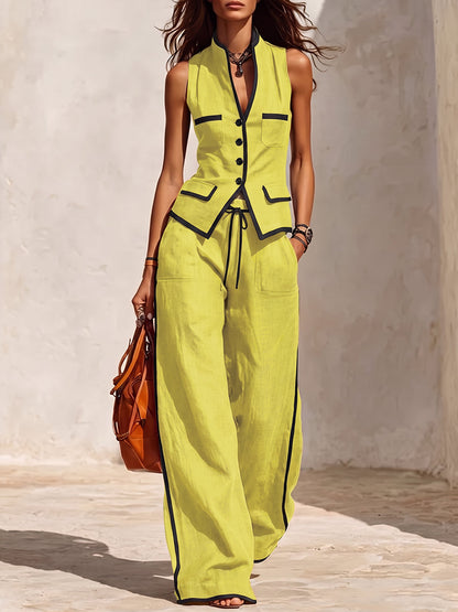 High Waisted Wide Leg Contrast Color Drawstring Pockets Pants Trousers