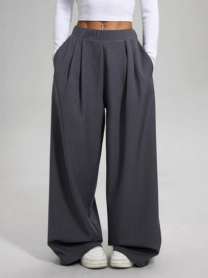 High Waisted Loose Pleated Pockets Solid Color Pants Trousers