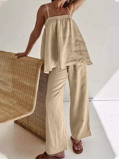 High Waisted Loose Elasticity Solid Color Spaghetti-Neck Vest Top +Pants Bottom Suits