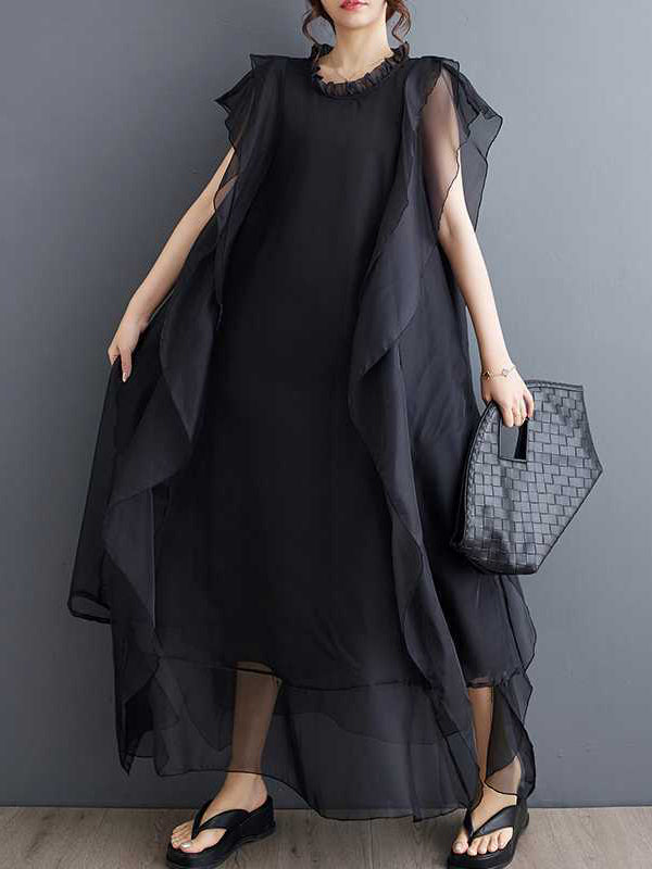 Loose Ruffle Sleeves Falbala Ruffled Solid Color Round-neck Midi Dresses