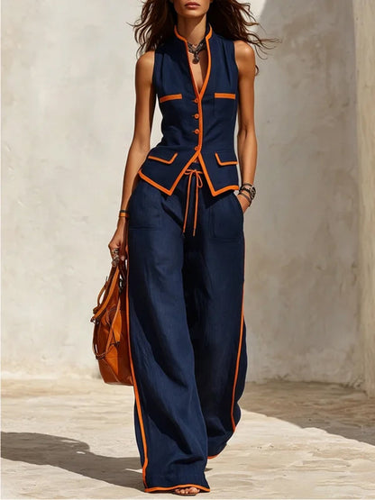 Split-Joint Pockets Contrast Color Buttoned Sleeveless V-neck Blouses&shirts Tops