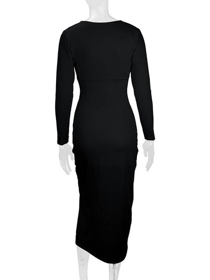 Bodycon Elasticated Waist Pleated Solid Color Split-Joint Split-Side Deep V-Neck Midi Dresses