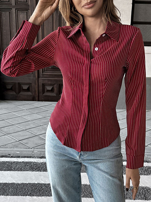 Long Sleeves Skinny Buttoned Contrast Color Striped Lapel Blouses&Shirts Tops