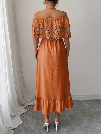 A-Line High Waisted Pleated Ruffled Solid Color Split-Joint Off-the-shoulder Midi Dresses