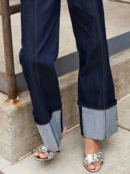 High Waisted Straight Leg Contrast Color Split-Joint Jean Pants Bottoms