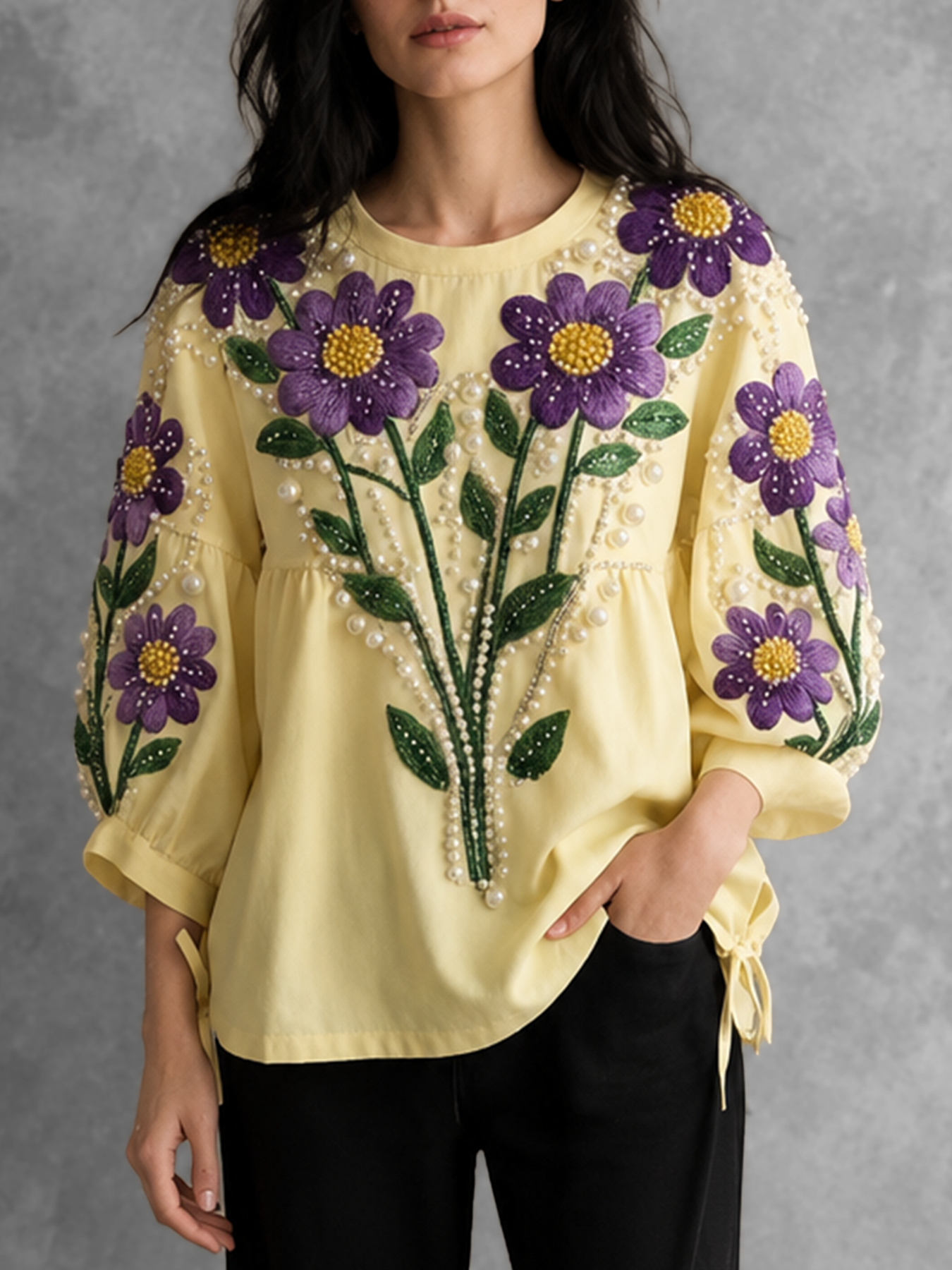 Loose Puff Sleeves Beaded Contrast Color Embroidered Split-Joint Split-Side Tied Round-Neck Blouses&Shirts Tops