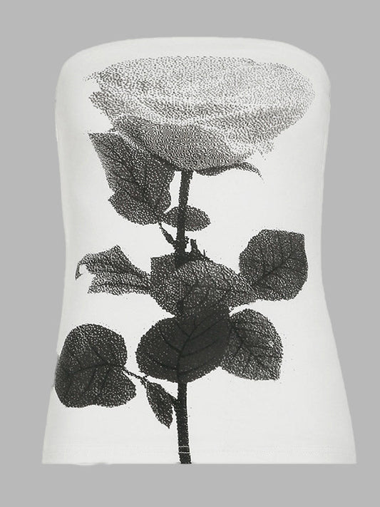 Skinny Sleeveless Contrast Color Flower Print Split-Side Tube Vest Top