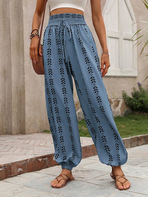 High Waisted Loose Drawstring Elasticity Pleated Printed Knickerbockers Pants Trousers