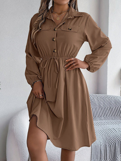 A-line Long Sleeves Buttoned Pleated Solid Color Tied Lapel Midi Dresses Shirt Dress
