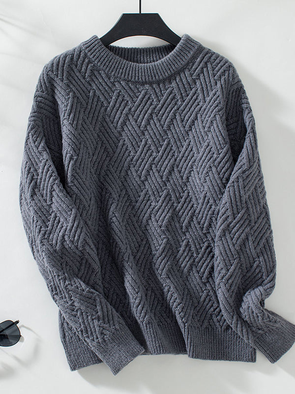 Long Sleeves Loose Solid Color Split-Joint Round-Neck Pullovers Sweater Tops