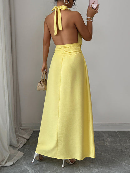 High Waisted Sleeveless Pleated Solid Color Tied Waist Halter-Neck Midi Dresses