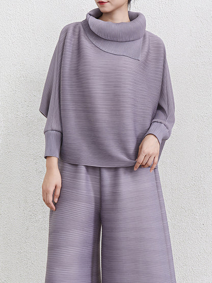 Batwing Sleeves Loose Pleated Solid Color Mock Neck Blouses&Shirts Tops