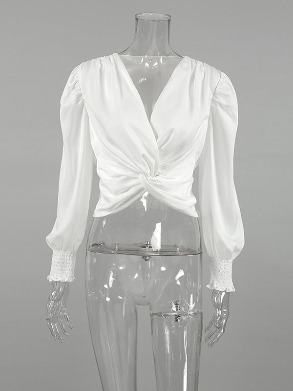 Loose Puff Sleeves Elasticity Pleated Solid Color Split-Joint V-Neck Blouses&Shirts Tops