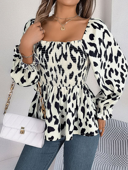 Long Sleeves Puff Sleeves Leopard Pleated Ruffled Square-Neck T-Shirts Tops