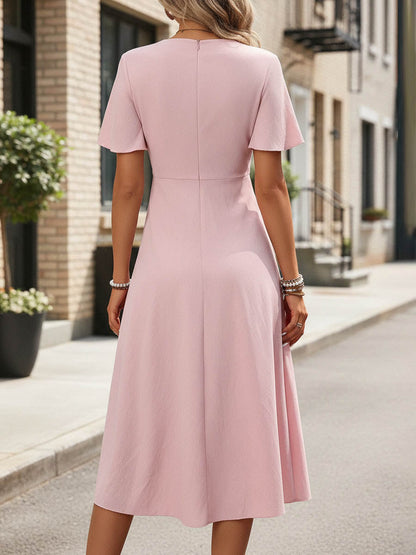 A-Line High Waisted Pleated Solid Color V-Neck Midi Dresses