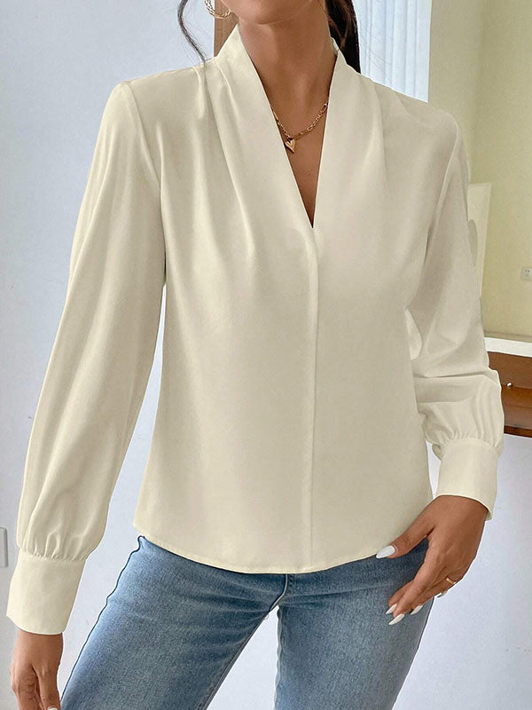 Long Sleeves Loose Pleated Solid Color Split-Joint V-Neck Blouses&Shirts Tops