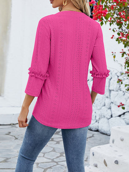 Loose Three-Quarter Sleeves Jacquard Solid Color V-Neck T-Shirts Tops