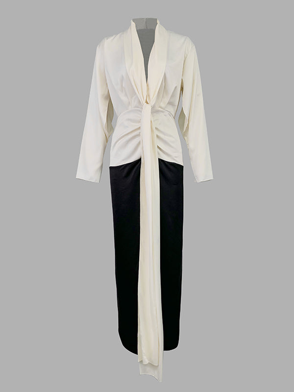 Long Sleeves Loose Contrast Color V-Neck Evening Dresses Maxi Dresses