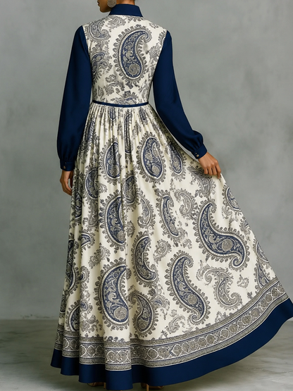 A-Line High Waisted Buttoned Contrast Color Pleated Pockets Printed Stand Collar Maxi Dresses