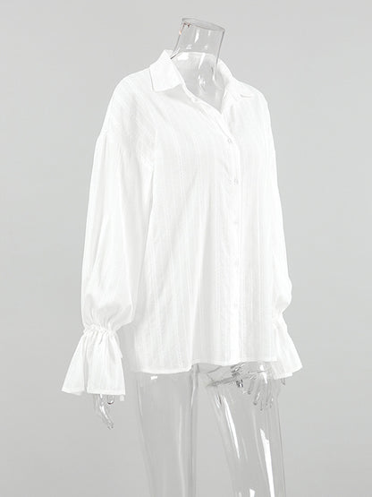 Flared Sleeves Long Sleeves Buttoned Elasticity Jacquard Solid Color Lapel Blouses&Shirts Tops