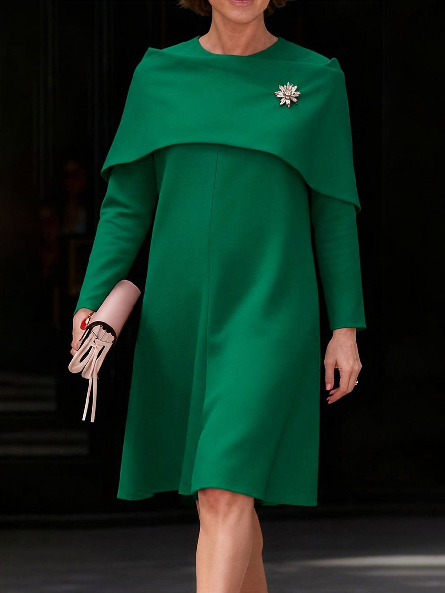 Zipper Solid Color Long Sleeves False Two Round-neck Midi Dresses