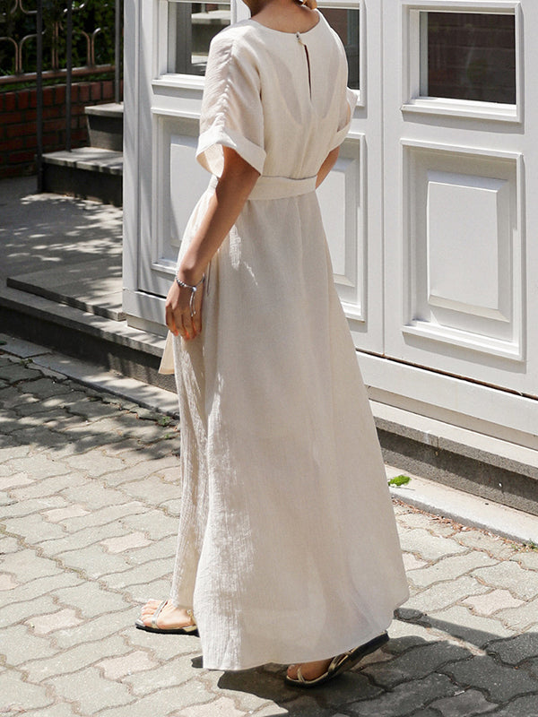 A-Line Loose Hollow Solid Color Split-Side Tied Waist V-Neck Midi Dresses